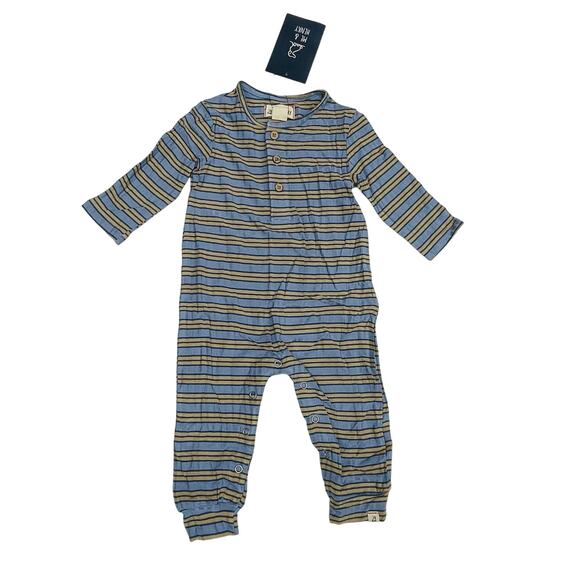 Me & Henry 6-9M Blue & Tan Mason Rib Romper - Picture 1 of 5